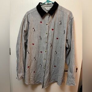 Victoria Jones Black and White Striped Shirt with Penguin and Heart Embroidery